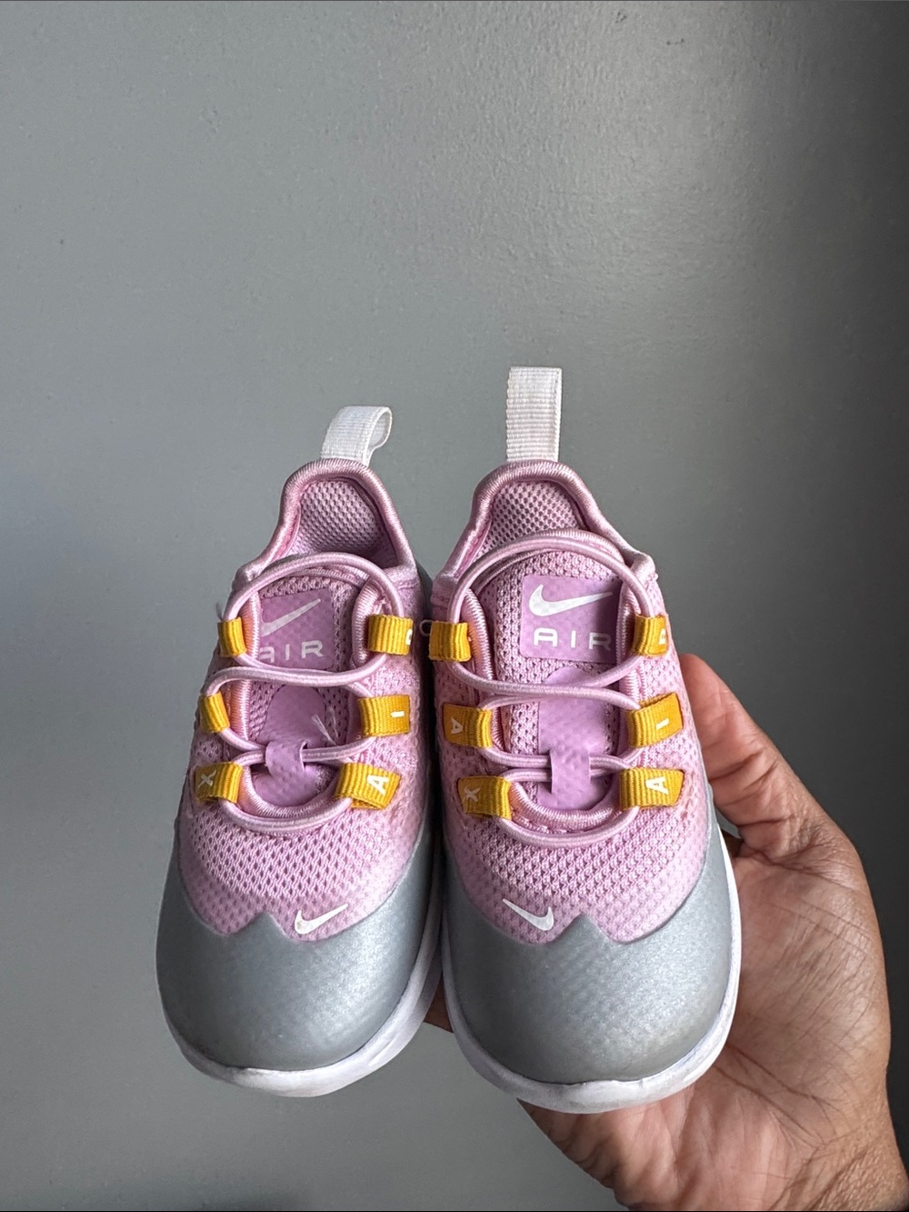 Nike Kids Pink and Silver Air Sneakers with Yellow Accents